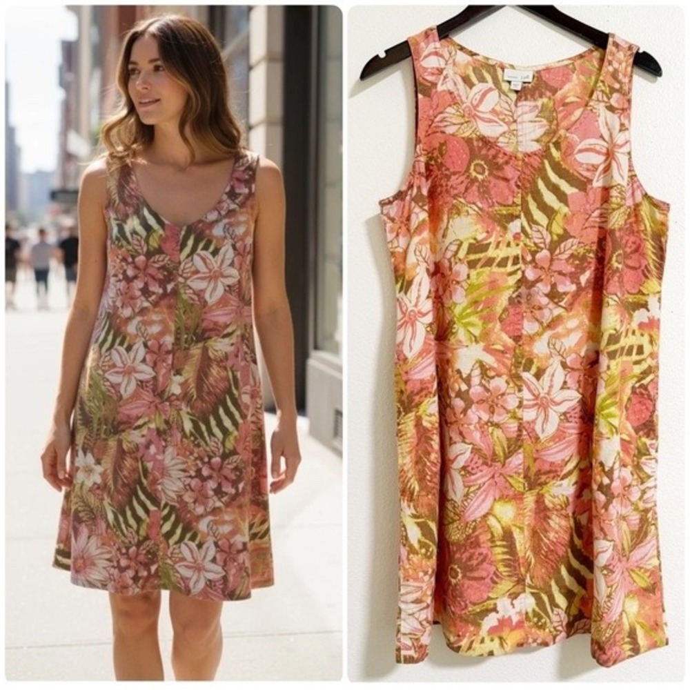J. Jill‎ Love Linen Floral Sleeveless Dress S Pink Orange Tropical Shift Pockets